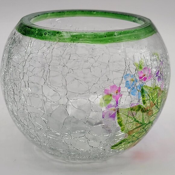 FINAL CLEARANCE Hand Painted Floral Crackle Glass Votive Candle Holder Vase 4” - Picture 4 of 9